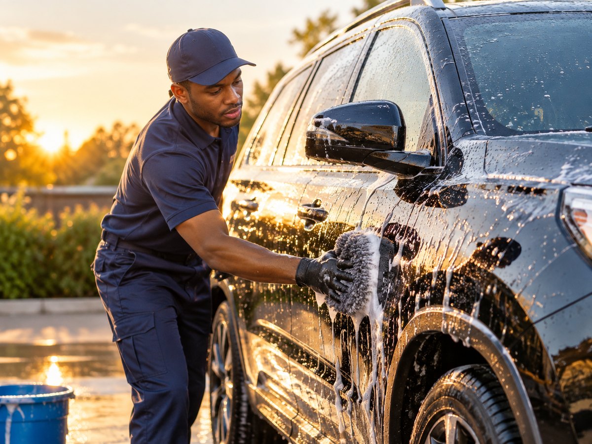 Car being hand-washed with foam